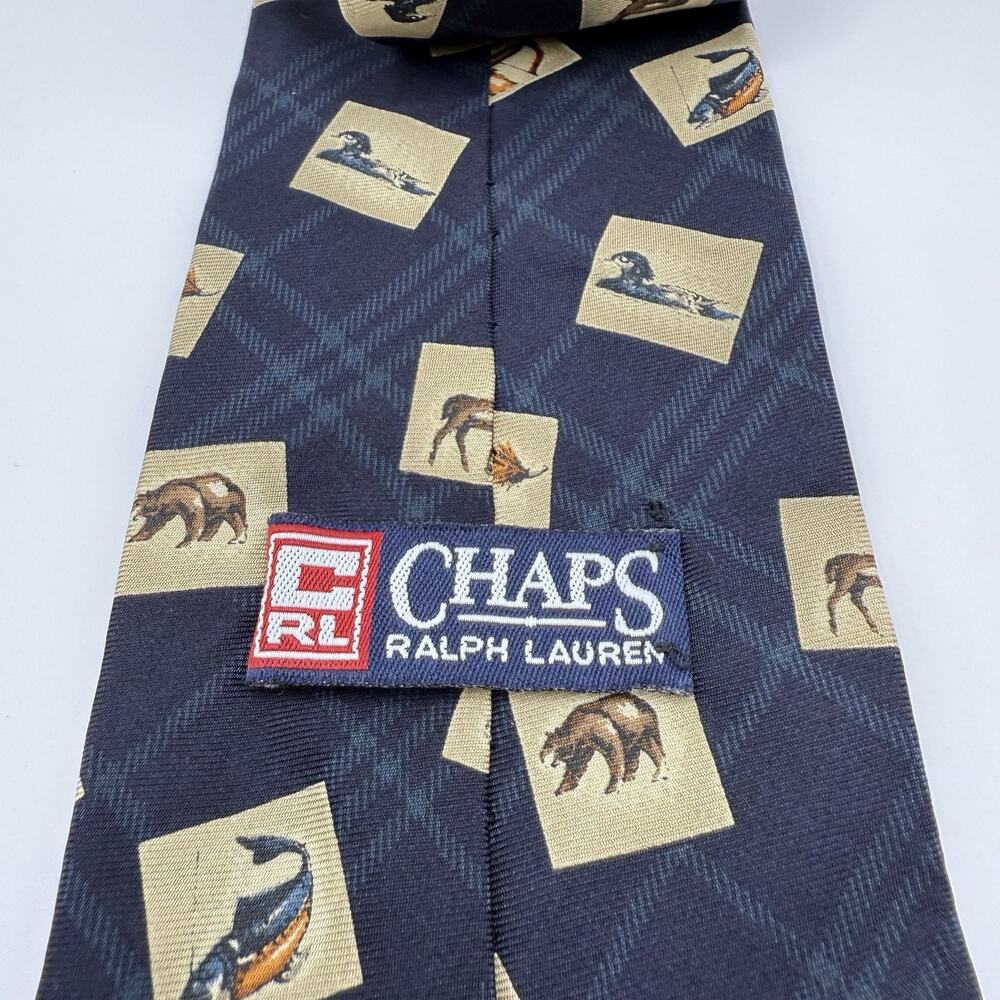 Chaps Ralph Lauren 100% Silk Tie Made‎ in USA Plaid Outdoorsman Print Fish Deer - Picture 2 of 7